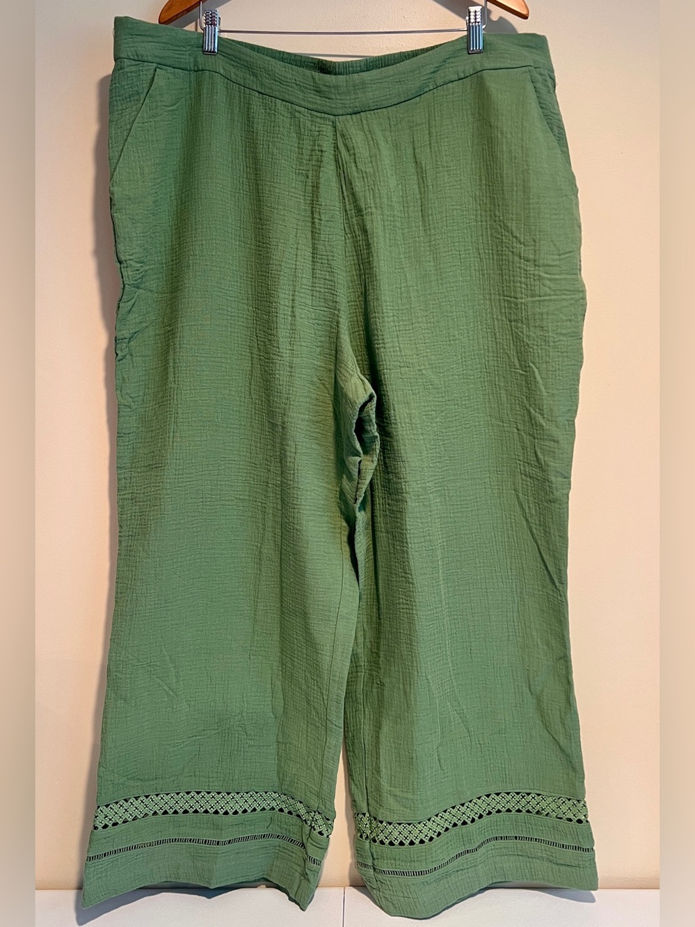 Isaac Mizrahi Pants 2X Green Cotton Gauze Crochet Hem Wide Leg Coastal Boho QVC